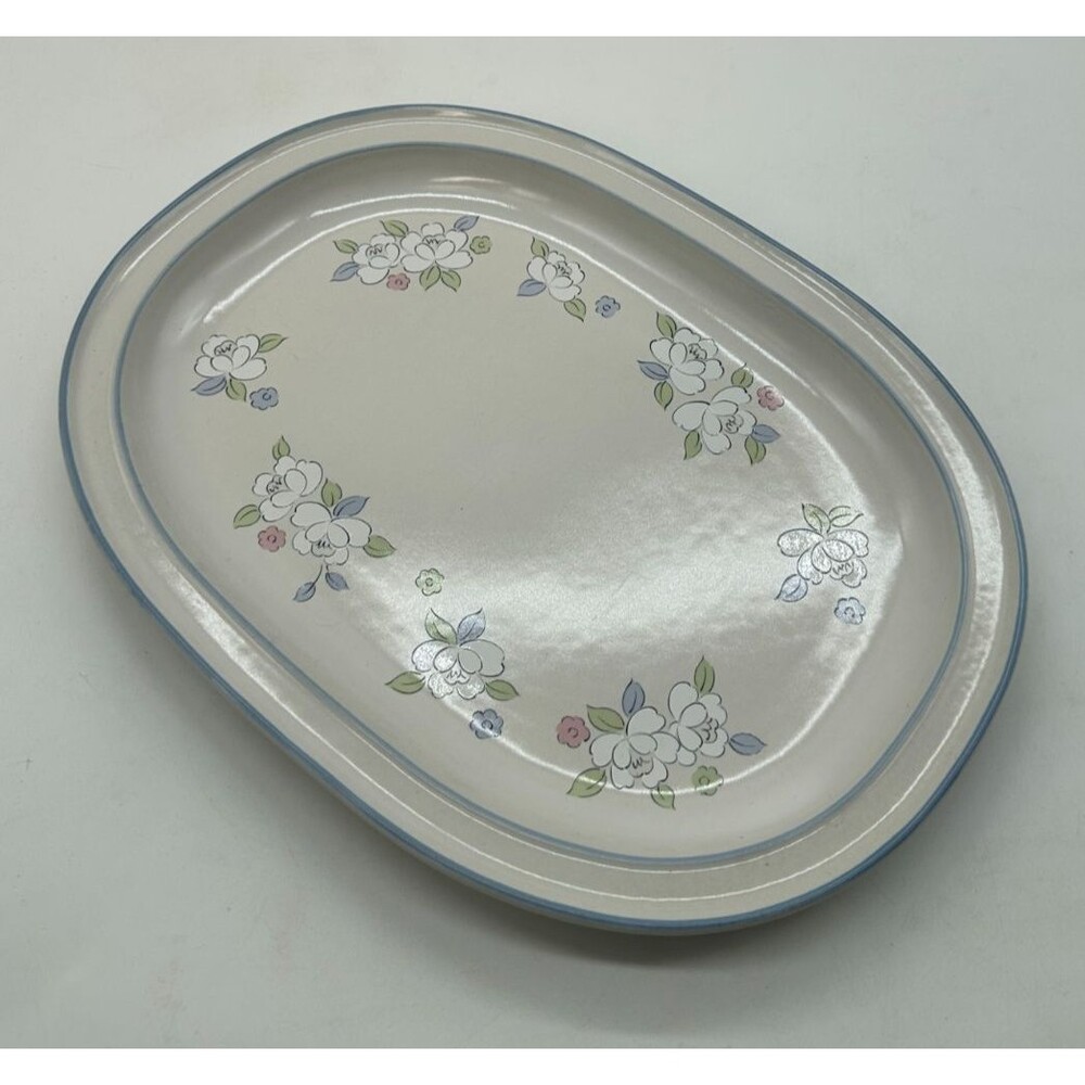 EUC Hearthside Chantilly Fleur de Lune Blue stoneware Oval Platter Japan 12"